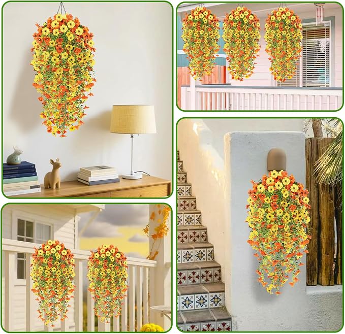 4PCS Artificial Hanging Flowers for Outdoors Summer Decoration, Upgrade UV Resistant Faux Silk Hanging Plants for Outside Home Planter Porch Patio Decor (Orange&Yellow)