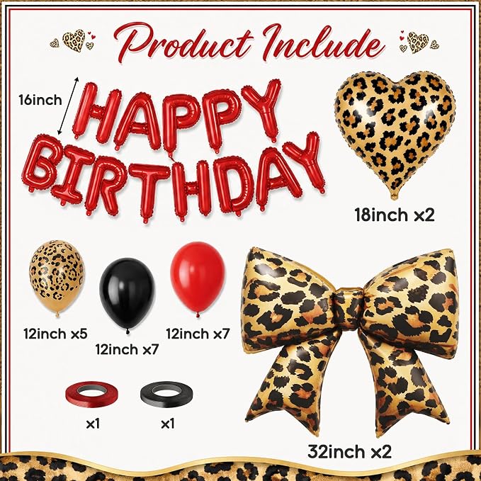 Red and Black Cheetah Print Birthday Decorations Black Dark Red Leopard Print Latex Balloons 16 18 32 In Happy Birthday Foil Balloon Banner Bow Heart Balloons for Girls Women Bday Party Decor