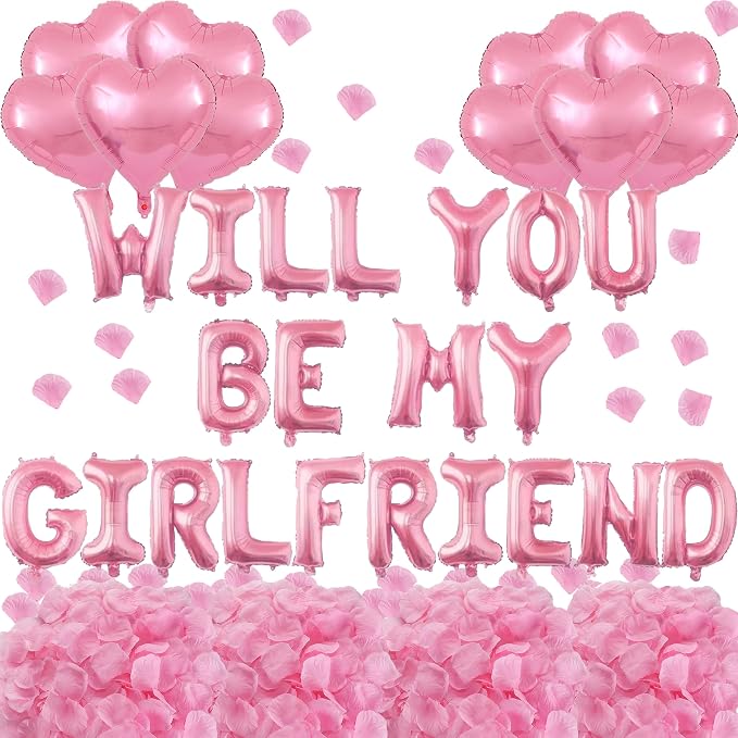 2 Set Pink Will You Be My Girlfriend Balloons - 42pcs 16" Letter Balloons 1200pcs Pink Artificial Rose Petals 10pcs 18" Heart Balloon Alphabet Foil Mylar Balloon for Valentines Day Decorations