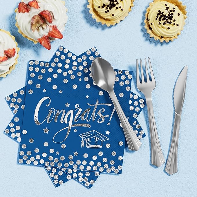 Ecomore 2026 Graduation Party Decoration - 350 PCS Grad Supplies Disposable Dinnerware Set (Severs 50) w/ Navy Blue Sliver Paper Plates Napkin Cup Plastic Cutlery for College High School Class of 2026