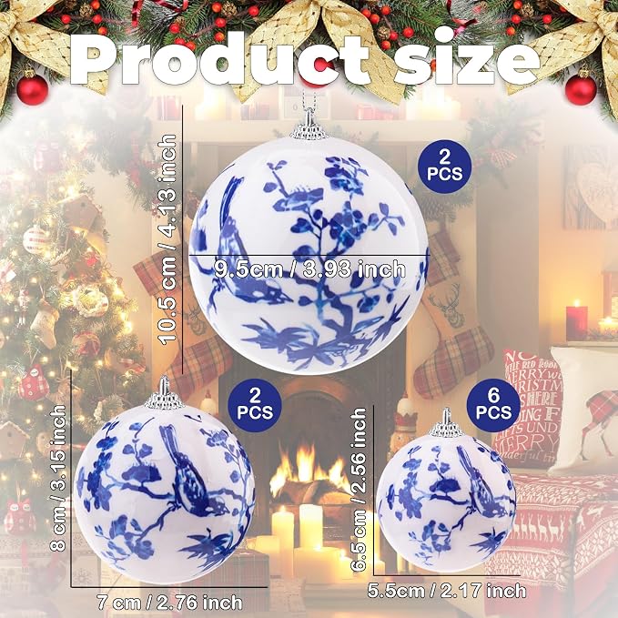 10 Pcs Chinoiserie Ornaments Ball White Blue Hanging Christmas Plastics Ball Decoration DIY Party Xmas Tree House Holiday Wedding Party Garden Baubles Decor