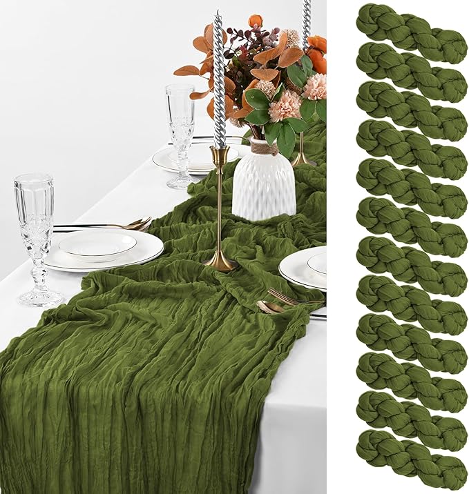 12 Pack Olive Green Cheesecloth Table Runner, 10FT Cheesecloth Rustic Boho Table Runner Long Romantic Semi Sheer Table Runner for Wedding Baby Shower Birthday Bridal Party Decorations(21.5×120 Inch)