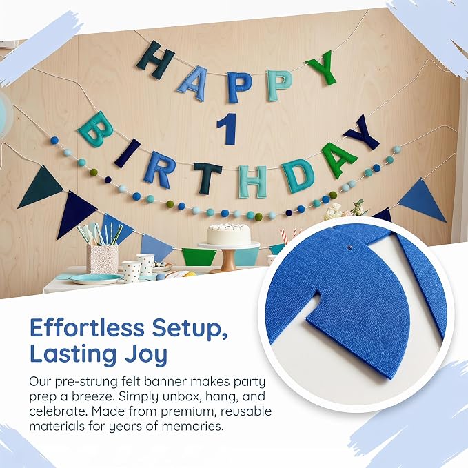 Pre-Strung Felt Happy Birthday Banner Decorations for Women Men | 3D Blue Birthday Party Decorations Sign with Replaceable Numbers 0-9,Multicolor Felt Ball & Triangle Flags Garland (Blue)