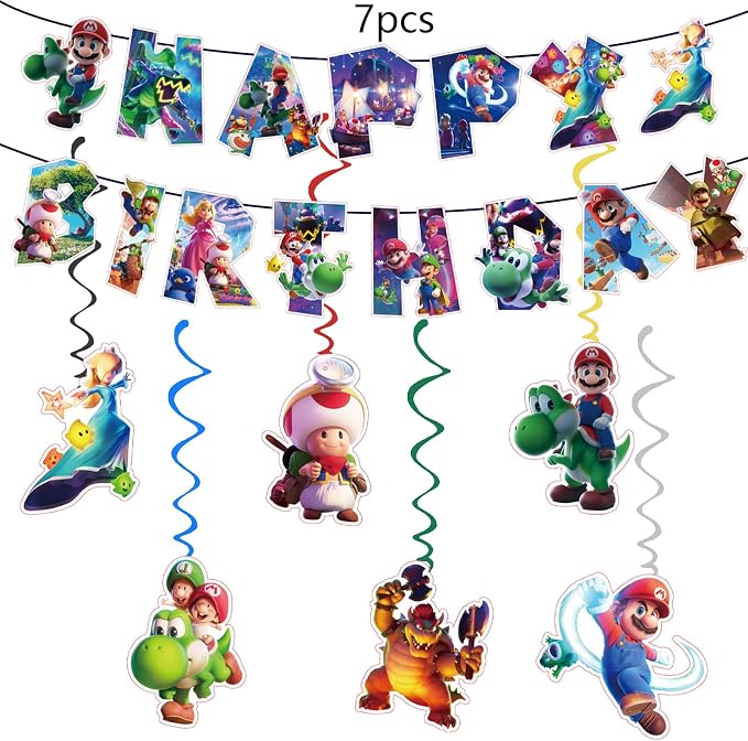 Birthday Party Decorations,50PCS latest Mario Cartoon Theme Supplies - 1 large cake plugin, 1 Backdrop, 1 Banner,6 decorative pendants, 1 Tablecloth, 24 Cake Toppers, 16 Latex Balloons.