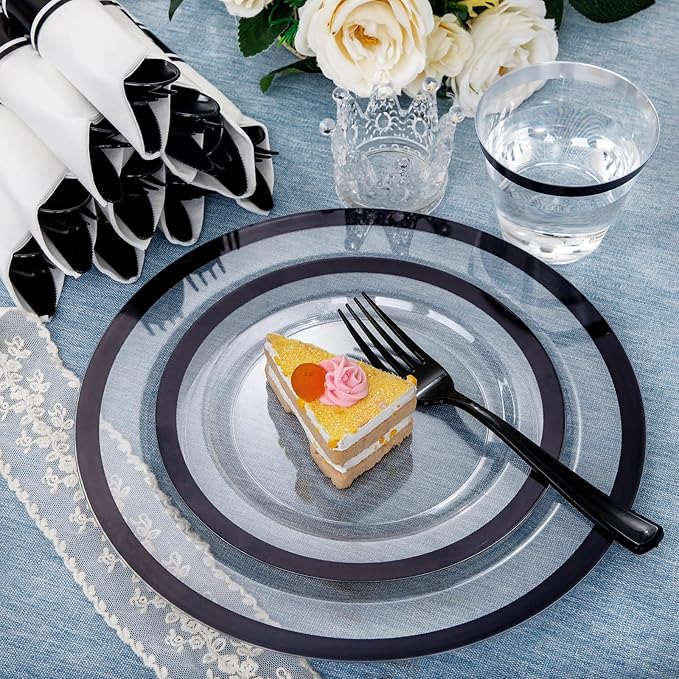I00000 210 Pcs Clear and Black Plastic Plates, Disposable Dinnerware Set, Include 30 Dinner 30 Dessert Plates,30 Plastic Cups 9 OZ,30 Pre Rolled Napkins with Cutlery for Birthday, Wedding & Party