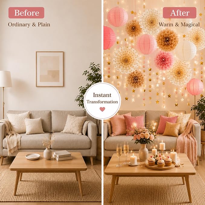 Boho Paper Party Decorations, Blush Pink and Champagne Gold Elegant Party Decor Kit with Paper Lanterns, Pom Poms, Fans and Gold Star Garland for Bridal Shower Birthday Baby Shower Wedding Party