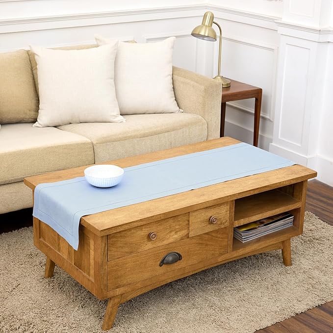 Solino Home Linen Light Blue Table Runner 60 Inches - Classic Hemstitch, 100% Pure Linen Coffee Table Runner 14 x 60 Inch Ideal for Dresser Tables, Spring, Summer, Mothers Day