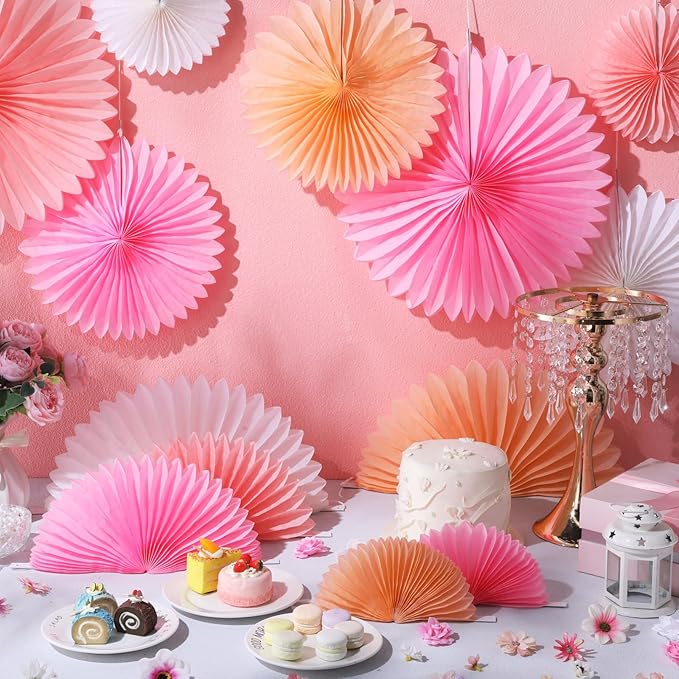 MotiMind 24 Pcs Hot Pink Paper Fans Valentines Day Party Decorations Classroom Decor Wall Background Ceiling Hanging for Birthday Wedding Baby Bridal Shower Engagement Party Favors