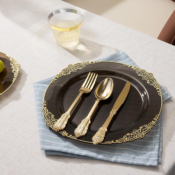 Goodluck 250 PCS Vintage Translucent Black & Gold Rim Plastic Plates with Cutlery Set - Serves 50 - Heavy Duty Elegant Disposable Dinnerware for New Years Eve, Halloween, Gatsby Party