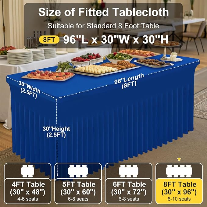 Smiry Spandex Tablecloth, Elastic Fitted Stretch Tablecloth for 8FT Rectangle Tables, Waterproof Washable Table Cover Skirt for Outdoor, Wedding, Banquet & Parties (Blue, 96Lx30Wx30H Inch)