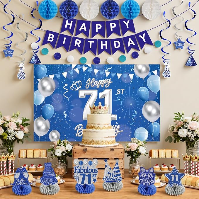 Happy Birthday Party Decoration Set: Including Birthday Banner Backdrop, Party Table Centerpieces and Hanging Swirl Party Streamers, Birthday Decor Suppliers for Men and Women (Blue, 71st Birthday)