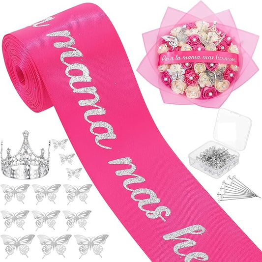 Zeyune 114 Pcs Flower Bouquet Accessories Includes 2 in x 5 Yard Glitter Feliz Día De Las Madres Ribbon, Silver Bouquet Crown, Butterfly Decor and Rhinestone Flower Pin for para La Mamá MáS Hermosa