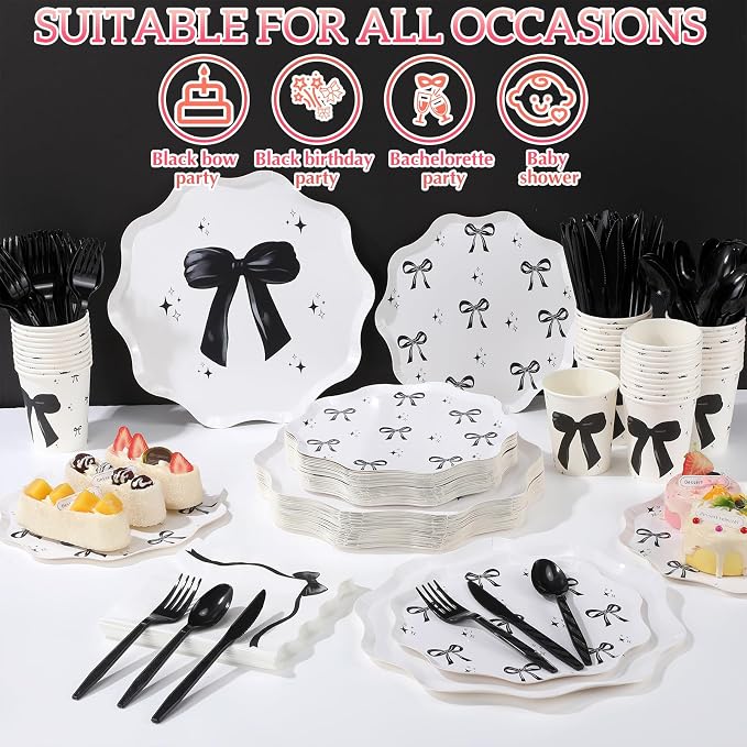 Ziliny 350 Pcs Bow Black Party Supplies Tableware Set Disposable 9'' 7'' Paper Plates 9 oz Cups Cutlery Napkins Dinnerware Set for 1st Birthday, Serve 50 (Bow, Black)
