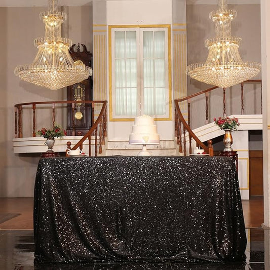 PartyDelight Black Sequin Tablecloth Square Sparkly Table Cloth Overlay 90"x 90"