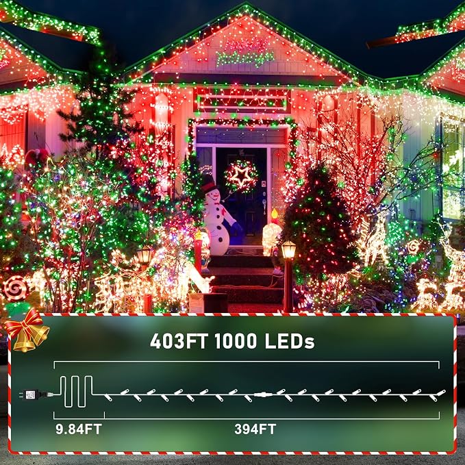 KNONEW 403ft 1000 LED String Lights Outdoor Christmas Lights 8 Modes & Timer Fairy Light Plug in Waterproof LED String Lights for Xmas Yard Tree Wedding Party Holiday Decorations (Red and Green)
