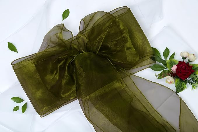 MDS® Pack of 300 Organza Chair Sashes for Wedding Decoration, Reusable Sheer Chair Bows for Banquet Chair Cover, Reception, Bridal Shower, Baby Shower, Birthday Party & Special Events - Olive Green