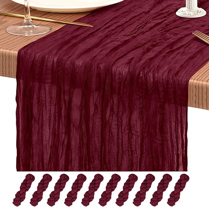 10 Pack Burgundy Red Cheesecloth Table Runner 10FT Boho Gauze Cheese Cloth Table Runners Romantic Rustic Sheer Table Decorations for Wedding Party Baby Shower Birthday Holiday Home