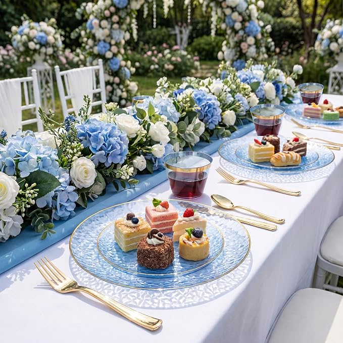 175PCS Blue Plastic Plates for 25 Guests, Disposable Plates for Party, Heavy Duty Disposable Plate Set Include: 25 Dinner Plates, 25 Dessert Plates, 25 Cups and Cutlery for Wedding & Party