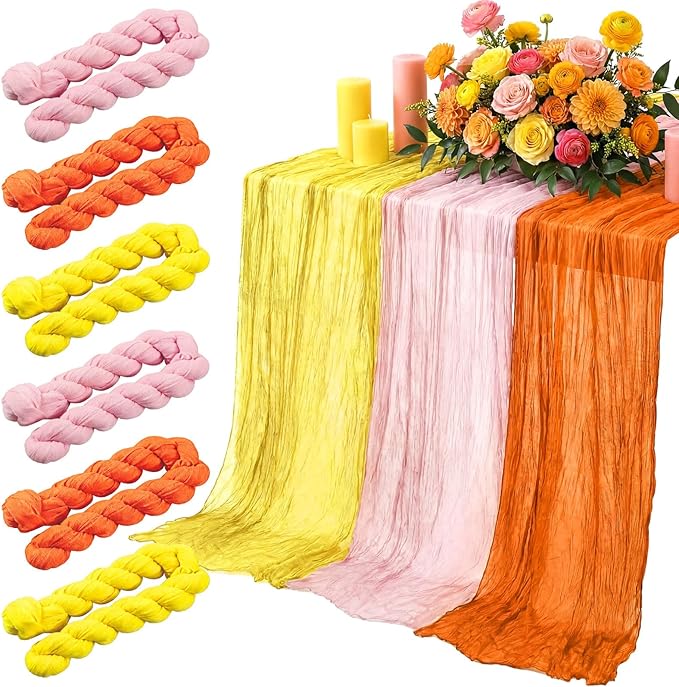 6 Pcs Pink Orange Yellow Cheesecloth Table Runner Summer Boho Gauze Cheese Cloth Runner 118" Rustic Table Decor for Hippie Retro Boho Wedding Baby Shower Birthday Party Home Arbor Decorations