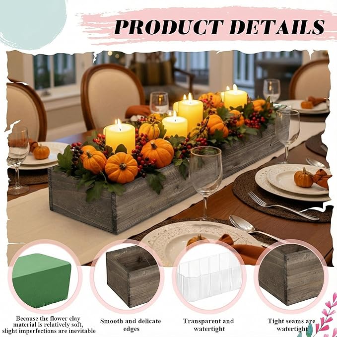 Dandat 2 Set Wood Boxes for Centerpieces 28x5 Inch Rectangle Wooden Planter Box Rustic Wooden Planters with Removable Plastic Liner Floral Foam Blocks for Christmas Wedding Home Garden Decor(Brown)