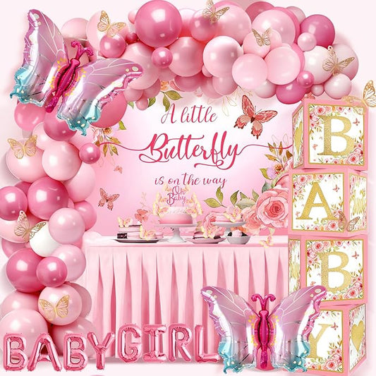 Butterfly Baby Shower Decorations for Girls, A Little Butterfly Is On The Way Backdrop Pink and White Balloons Arch Baby Boxes with Letters Balloons Stickers Cake Toppers
