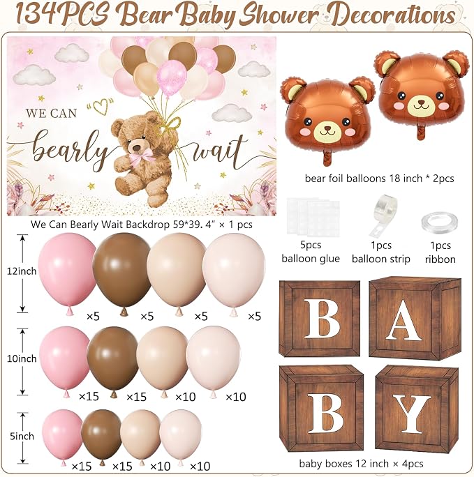 Pink Bear Baby Shower Decorations for Girl, 134pcs Bearly Wait Baby Shower Decorations with Pink Brown Balloon Arch Kit, Backdrop, Wood Grain Baby Boxes for Baby Girl Shower Decor