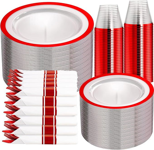I00000 350 Pcs Red Dinnerware Set for 50 Guests | 50 Dinner and 50 Dessert Plates,50 Cups, 50 Napkins, 50 Forks, 50 Spoons, 50 Knives for Wedding & Party