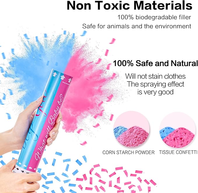 Confetti Cannon Gender Reveal 12 inch Powder Confetti Poppers for Boy or Girl Set of 4 Gender Reveal Decorations Smoke Cannon Party Poppers for Gender Reveal Party Blue or Pink Confetti Powder Poppers
