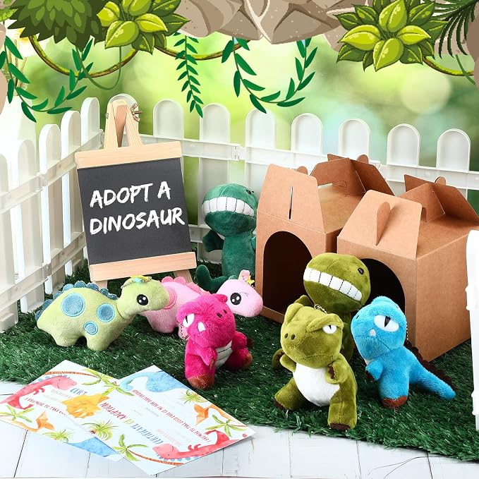 Blueweenly 84 Pcs Adopt a Pet Party Supplies 24 Mini Animals 10 White Plastic Fence 24 Paper Gift Boxes 24 Adoption Cards with Mini Chalkboard and Artificial Lawn(Dinosaur)