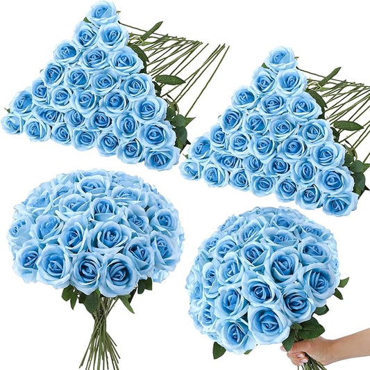 80 Pcs Roses Artificial Flowers, Silk Light Sky Blue Artificial Flowers Petals Long Stem Roses for Wedding Bouquet Home Party Decor