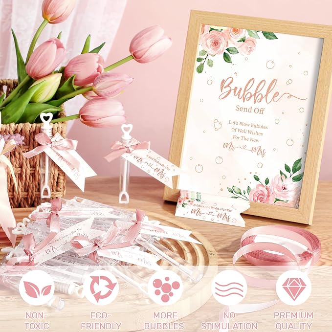 405 Pcs Wedding Send Off Bubble Ideas Set Include Heart Bubble Wands Gift Tags Cards Wood Photo Frame Ribbons Wedding Send Off Party Favors for Guests(Rose Pink)