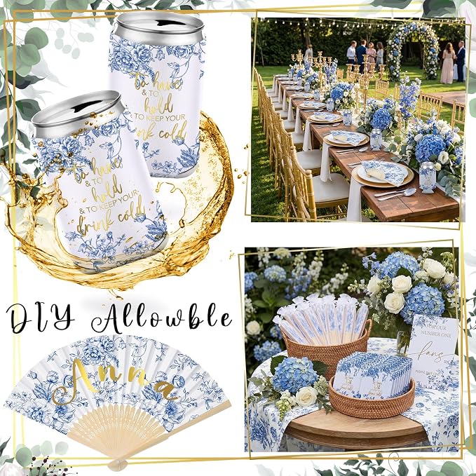 Hoteam 25 Sets Blue Floral Wedding Party Favors for Guests Bulk Including Can Cooler and Paper Folding Fans with Wedding Decor Table Sign Cheers to Love for Bridal Shower Party Souvenir