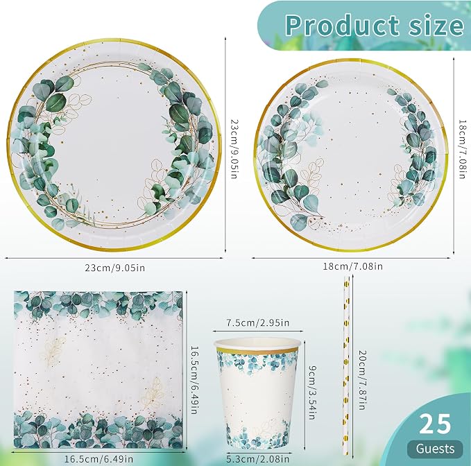Sage Green Plates and Napkins Party Supplies, Sage Green and Gold Disposable Plates Sets, Sage Green Plates and Napkins Party Supplies Eucalyptus Plates for Table Decor，Serves for 25 (Eucalyptus Set)