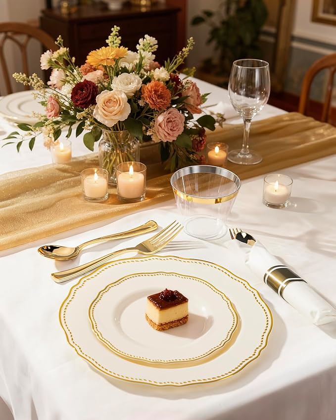 Hioasis 350pcs Ivory Gold Plastic Plates - Gold Plastic Dinnerware Set Includes 50 Dinner Plates, 50 Dessert Dinnerware, 50 Cups, 50 Napkins Perfect for Wedding & Party