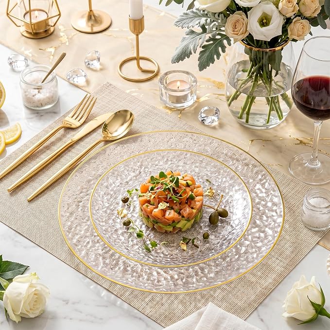 Rubtlamp 60Pcs Clear Plastic Plates,Clear Disposable Plates With Gold Rim,Heavy-duty Gold Plates,Hammered Party Plates Include 30Clear Dessert-Platos,30Dinner-Platos for Wedding, Party