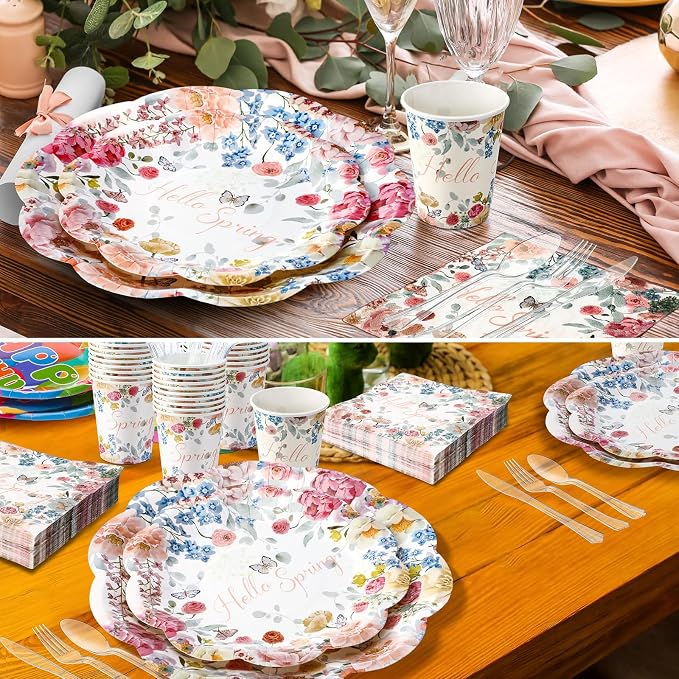Havawish 350 Pcs Spring Mother Day Party Supplies Hello Spring Disposable Wildflower Plates and Napkins Tableware Sets Serves 50 Guests for Baby Shower Birthday Wedding Party Decorations