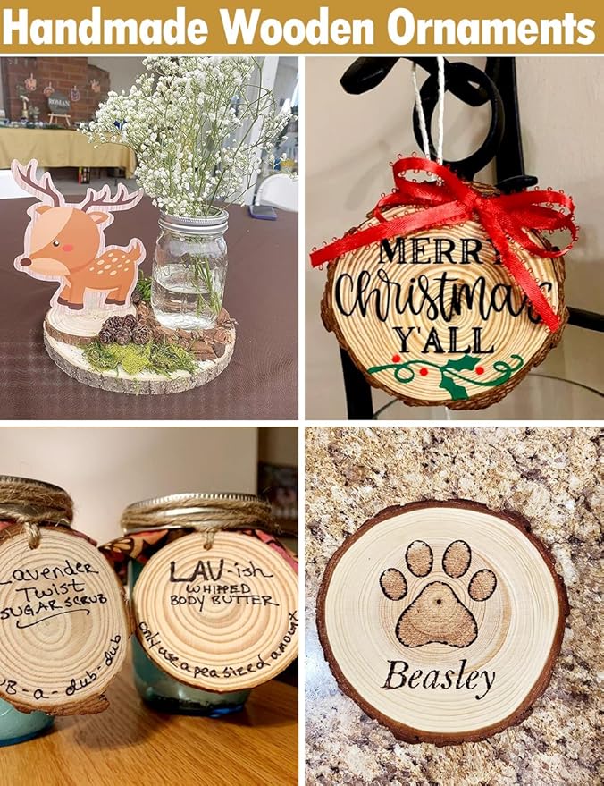 wohohoho 32pcs 2.8-3.2 inches Natural Wood Slices, Unfinished Craft Wood Kit Predrilled with Hole Thickened Wooden Circles with Bark for DIY Ornaments Christmas Wedding Decorations Wood Coasters Tags