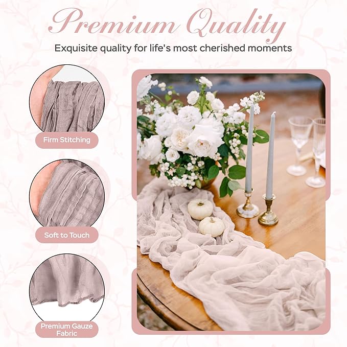 Cheesecloth Table Runner 8 Pack – 35x120 Inch (10ft) Boho Rustic Gauze Cloth Runners – Crinkle Polyester Table Decor for Wedding, Baby Shower, Bridal Shower, Birthday Party and More (Dusty Pink)