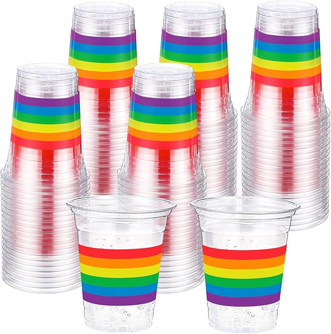 Jingmore 100 Pcs Rainbow Plastic Cups 12 oz Gay Pride Colorful Stripes Disposable Clear Plastic Drinking Cups for Rainbow Gay Pride LGBTQ Party Decorations Supplies