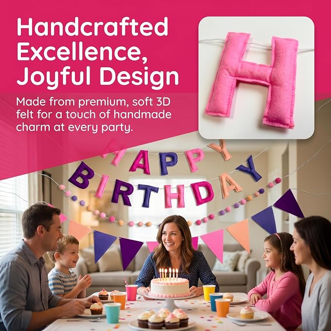 Pre-Strung Felt Happy Birthday Banner Decorations for Women Men | 3D Pink Birthday Party Decorations Sign with Replaceable Numbers 0-9,Multicolor Felt Ball & Triangle Flags Garland (Pink)