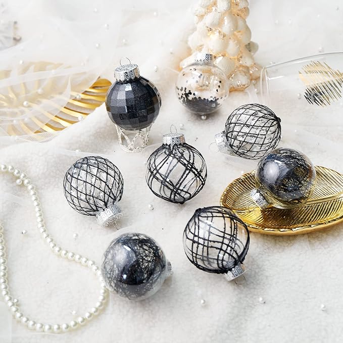 CristBest 30ct Christmas Ball Ornaments-60mm/2.36" Shatterproof Clear Plastic Xmas Balls Baubles Set with Stuffed Delicate Sparkling, Hanging Christmas Tree Decorations(Black)