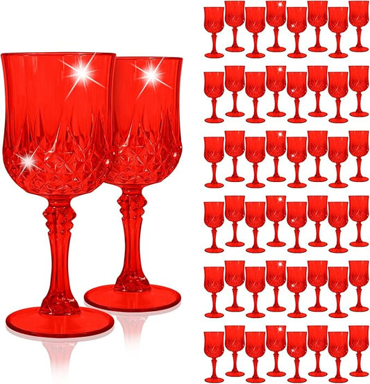 48Pack Red Plastic Wine Glasses,Vintage Plastic Goblets for Parties, Red Drinking Glasses Crystal Water Goblets Reusable for Wedding Reception, Grand Event Party Supplies