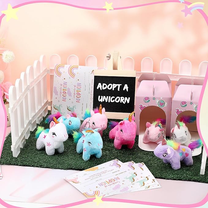 Blueweenly 84 Pcs Adopt a Pet Party Supplies 24 Mini Animals 10 White Plastic Fence 24 Paper Gift Boxes 24 Adoption Cards with Mini Chalkboard and Artificial Lawn(Unicorn)