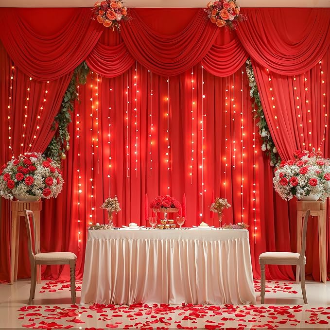 20x10FT Red Backdrop Curtains with Lights for Parties,Wrinkle Free Wedding Photo Backdrop Curtains for Valentines Baby Shower Birthday Ceremony Reception Home Party Decorations-5ft x 10ft,4 Panels