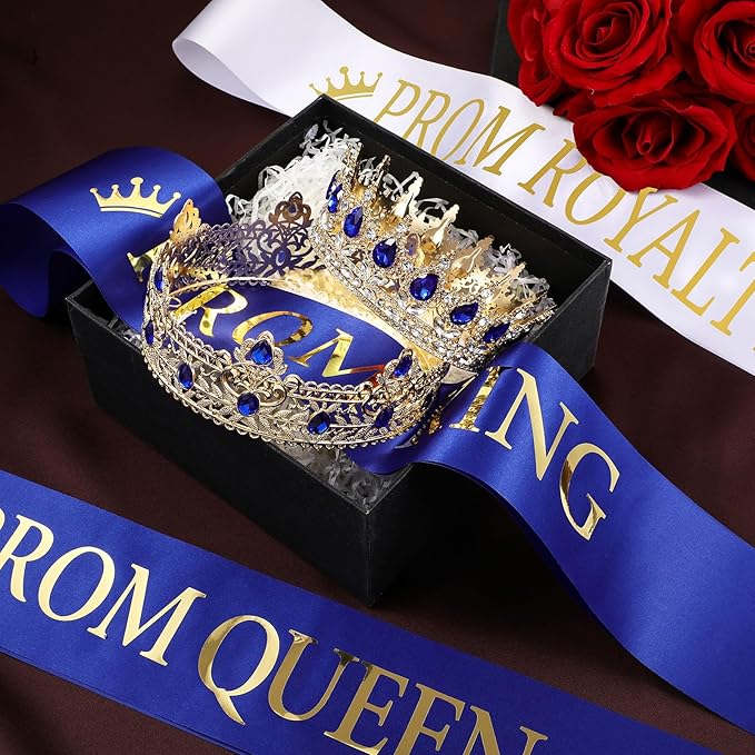 Saintrygo 12 Pcs Prom Crown and Sash Set, Prom King and Queen Tiara Rhinestone Crown Glitter Court Royal Satin Sash for 2026 Graduation Ball Dance Night Party Birthday Accessory(Blue,Elegant)