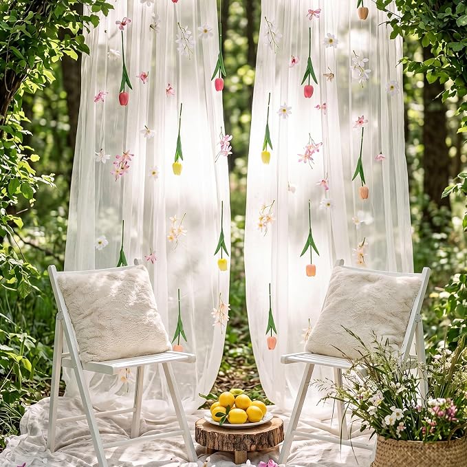 6 Pcs 35.4ft Artificial Tulips Hanging Flower Garlands with Hooks, Spring Faux Tulip and Wildflower Ceiling Vines, Mixed Colors Floral Backdrop for Wedding Party Home Wall Arch Decor
