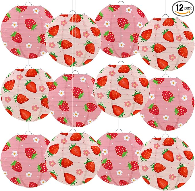 Honoson 12 Pcs Red Pink Strawberry Paper Lanterns Strawberry Party Decoration 10 Inch Berry Round Hanging Lanterns for Birthday Baby Showers Decoration