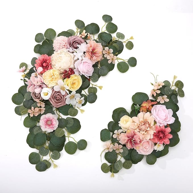 2 Pcs Wedding Arch Decorations - Reusable Artificial Hanging Flowers Floral Swag Greenery Garland for Wedding Welcome Sign Backdrop Bridal Ceremony Reception Backdrop Decoration(Green+Pink)