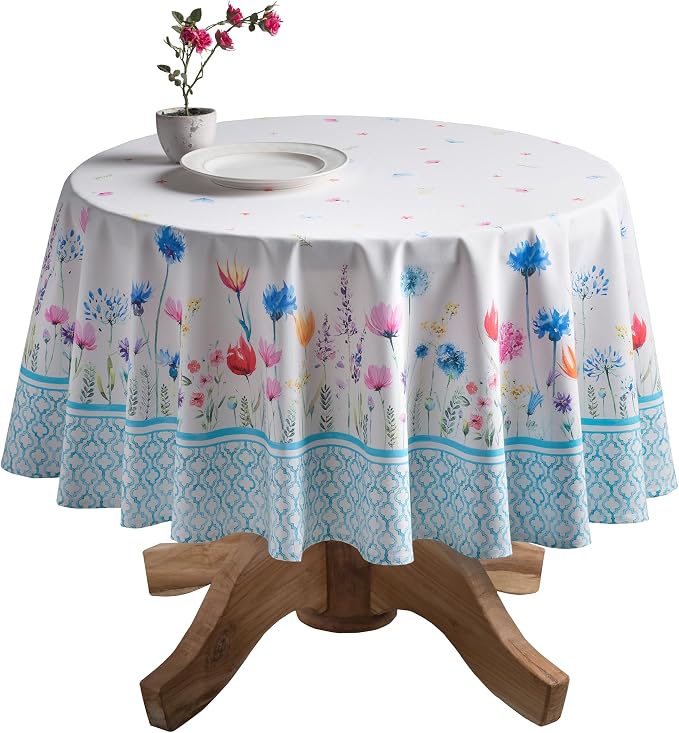 Maison d' Hermine Table Cloth Round Table 100% Cotton 63 Round Inches Tablecloth Reusable Decorative for Dining Kitchen Room Farmhouse Party Home Hotel Restaurant Spring Summer - Flower in The Field
