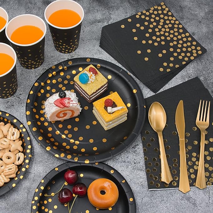2026 Black and Gold New Years Eve Party Supplies Decorations, 350PCS Disposable Dinnerware Set w/Black Gold Dot Paper Plates Napkin Cup Plastic Forks Knives Spoon for Birthday Christmas Retirement